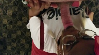 Black Barbie eagerly goes to town on a White Doms cock. CUMSHOT INC.