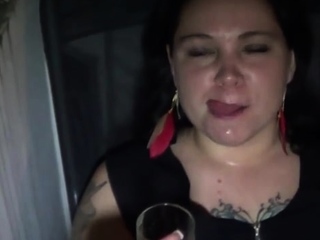 Drinking piss from a glass with chubby teen